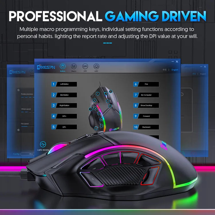 12800DPI Free Weight Macro RGB Gaming Mouse 12 Programmable Keys Game