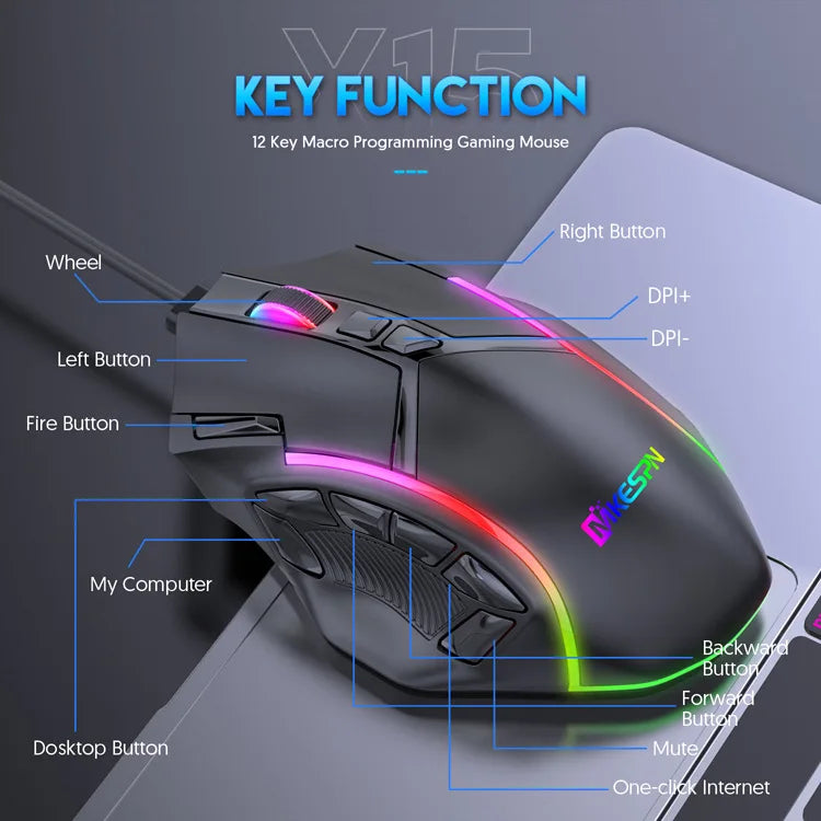 12800DPI Free Weight Macro RGB Gaming Mouse 12 Programmable Keys Game